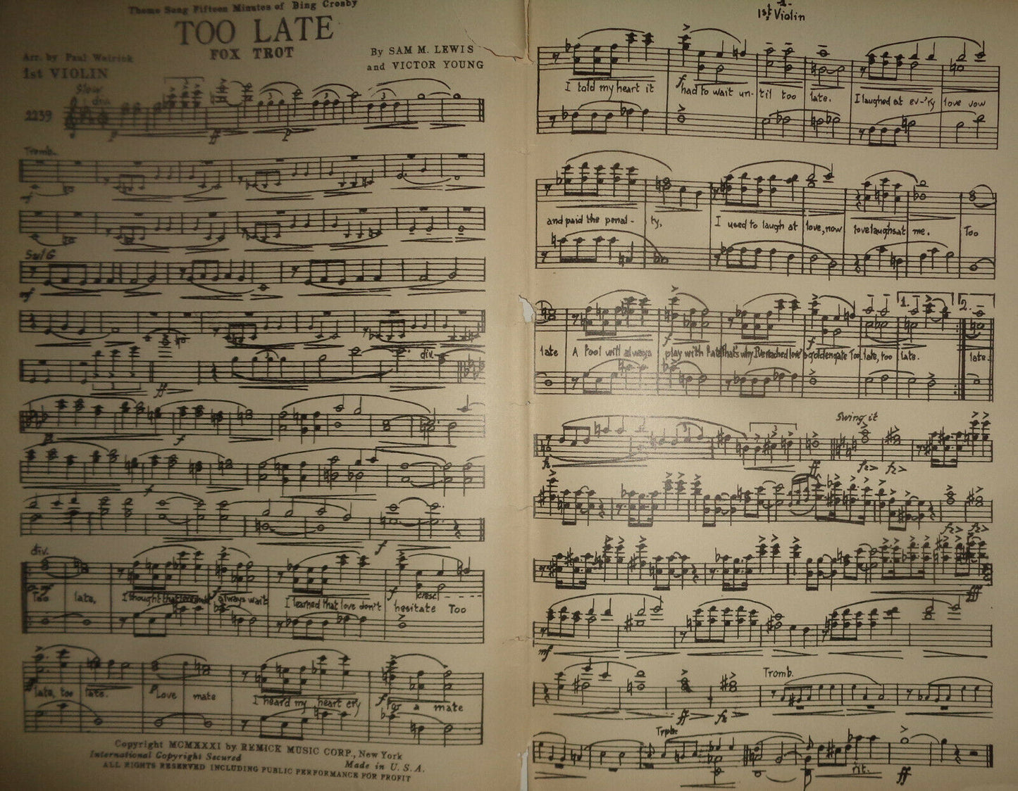 TOO LATE - FOX TROT - SHEET MUSIC FOR ORCHESTRA - 1931