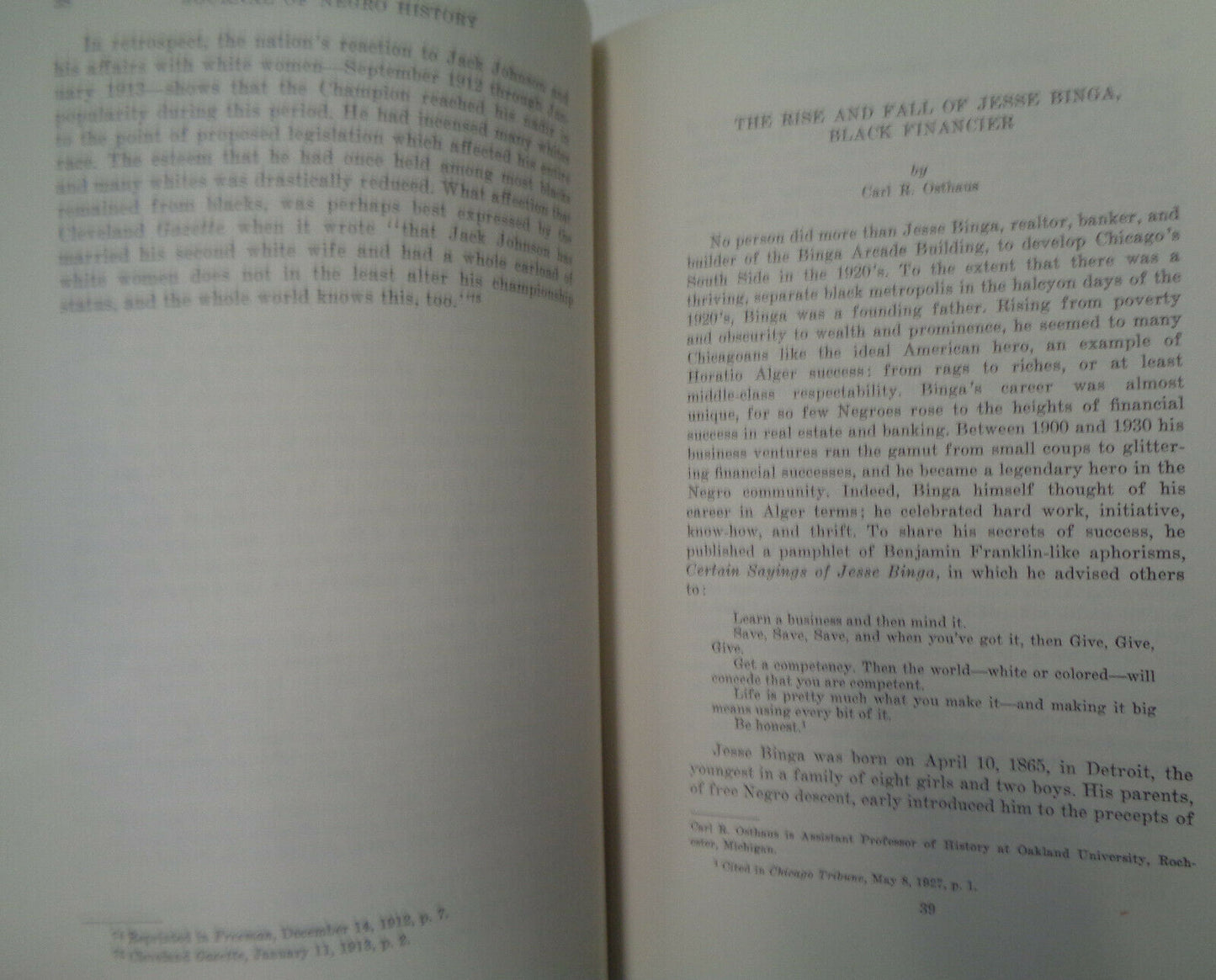 JOURNAL OF NEGRO HISTORY, Jan 1973 - Carter Woodson, Jack Johnson, Jesse Binga