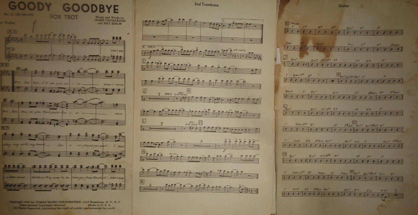 GOODY GOODBYE - fox trot - SHEET MUSIC FOR ORCHESTRA - 1939 - LES BROWN ARRANGED