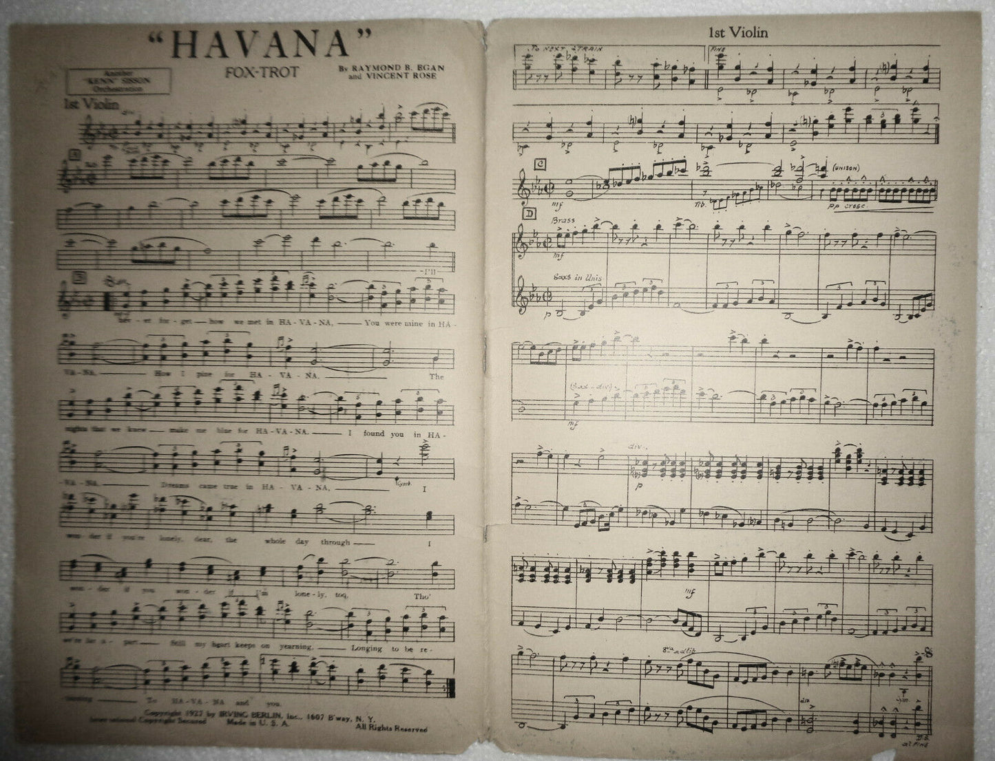 HAVANA - FOX TROT, by Raymond B Egan; Vincent Rose. 1927 For orchestra