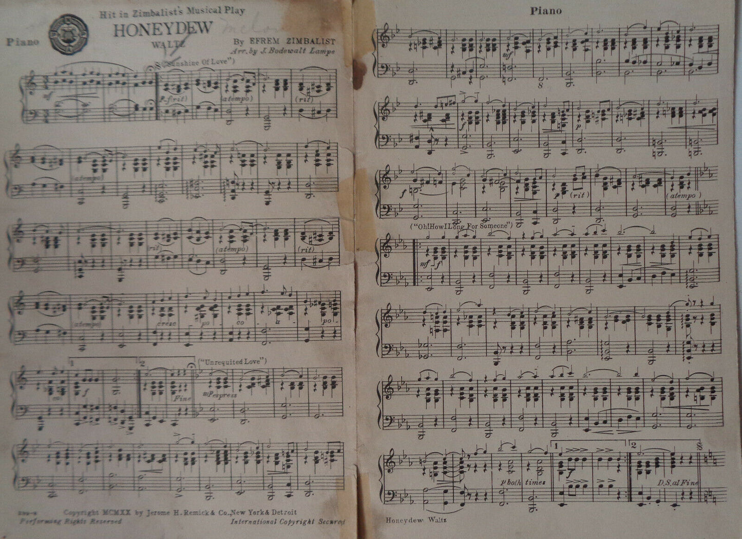 "HONEYDEW" : HIT IN ZIMBALIST'S MUSICAL PLAY - SHEET MUSIC FOR ORCHESTRA 1920